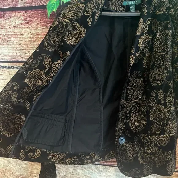 Lauren Ralph Lauren Stretch Velvet Floral Blazer Jacket Black Gold $199 NYE - Picture 3 of 6